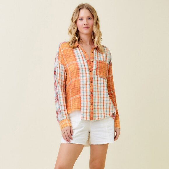 MYSTREE Plaid Button Down Shirt, Orange Multicolor Patchwork Check Top, Oversize - Picture 6 of 7